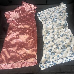 2 Silk Pink Hearts and Floral Pajama Sets
